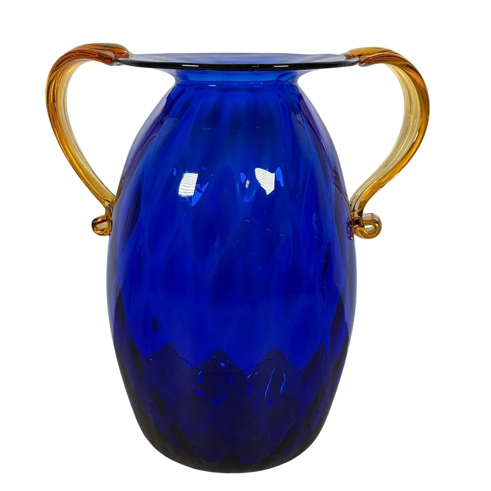 Blenko Cobalt Blue Optic Honeycomb Pitcher Amber Handles 9.5